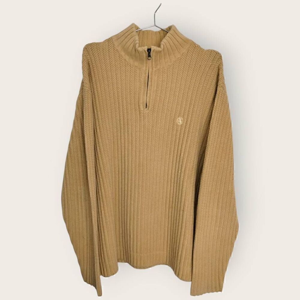 Aigle Mens Sweater Sz XL Tan Long Sleeves‎ 1/3 Zip Ribbed Knit Preppy Earthy